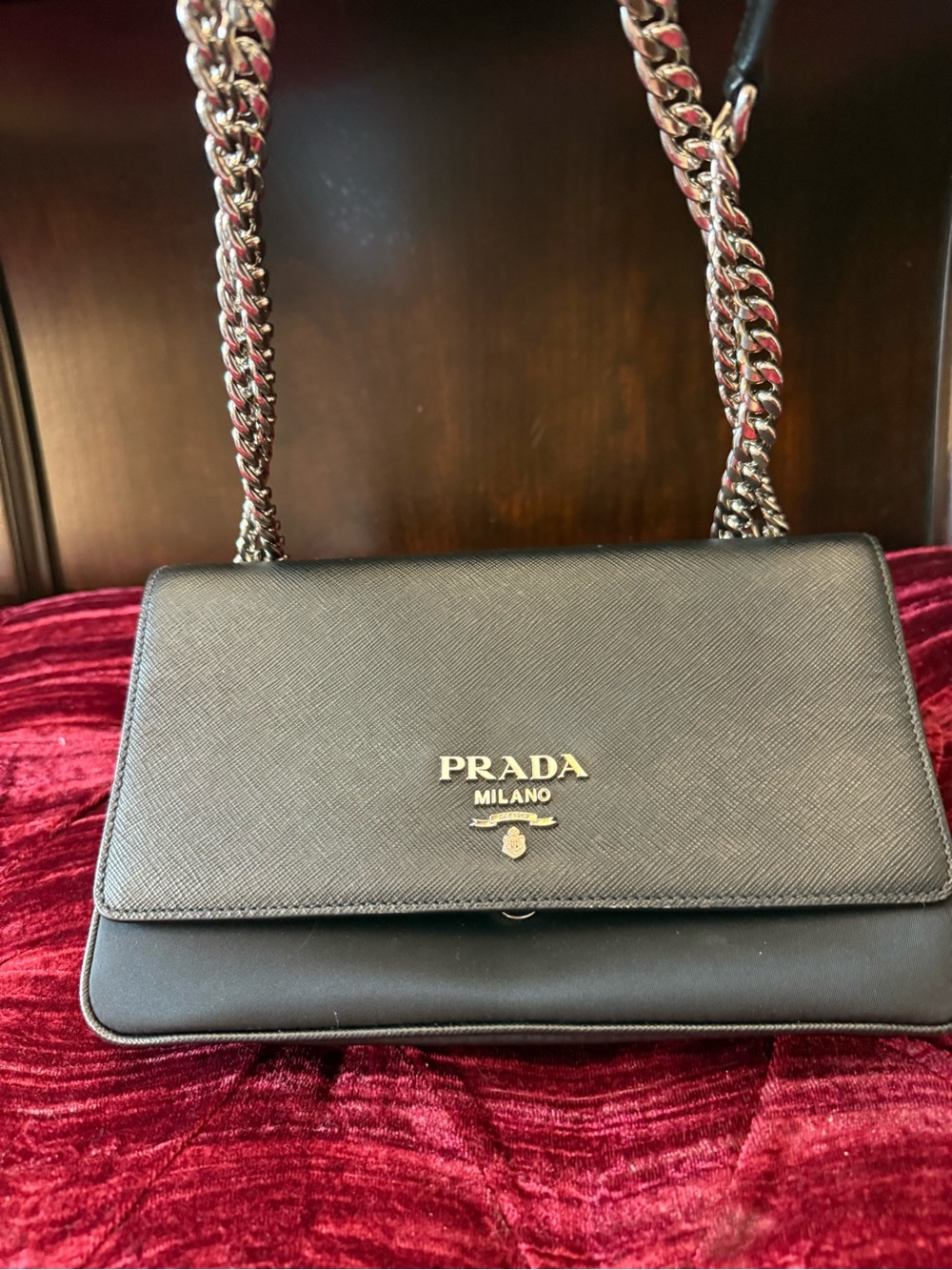 Prada Black Leather Shoulder Bag with Gold Logo and Chain Strap